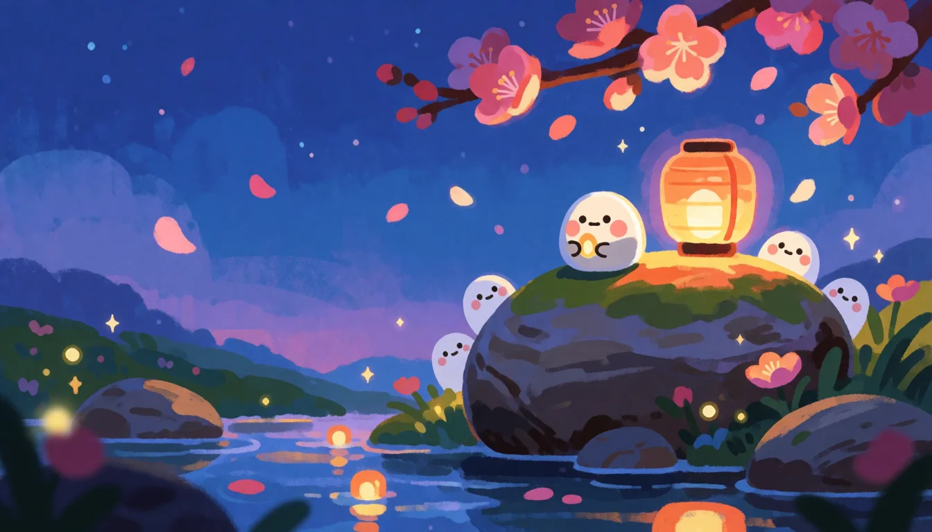 夜里的溪边,小顽石坐在长着青苔的大石头上,身旁亮着一盏灯笼,桃花枝垂在头顶。